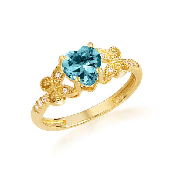 Gold Personalized Heart Cut Birthstone Diamond Butterfly Ring (Available in Yellow/Rose/White Gold)