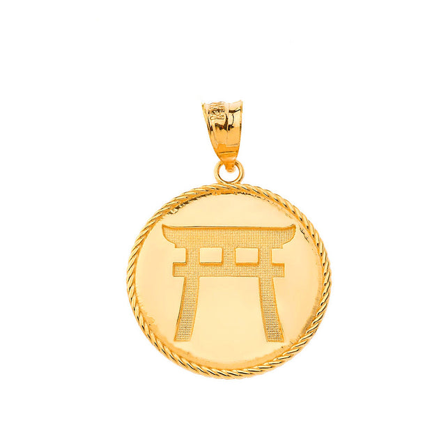 Gold Japanese Torii Shinto Gate Disc Pendant Necklace (Available in Yellow/Rose/White Gold)