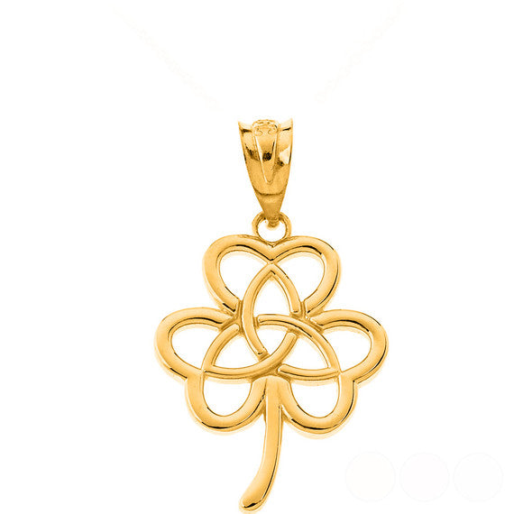 Gold Irish 3 Leaf Clover Celtic Triquetra Trinity Knot Pendant Necklace (Available in Yellow/Rose/White Gold)