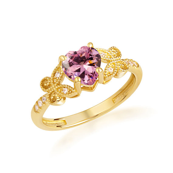Gold Personalized Heart Cut Birthstone Diamond Butterfly Ring (Available in Yellow/Rose/White Gold)