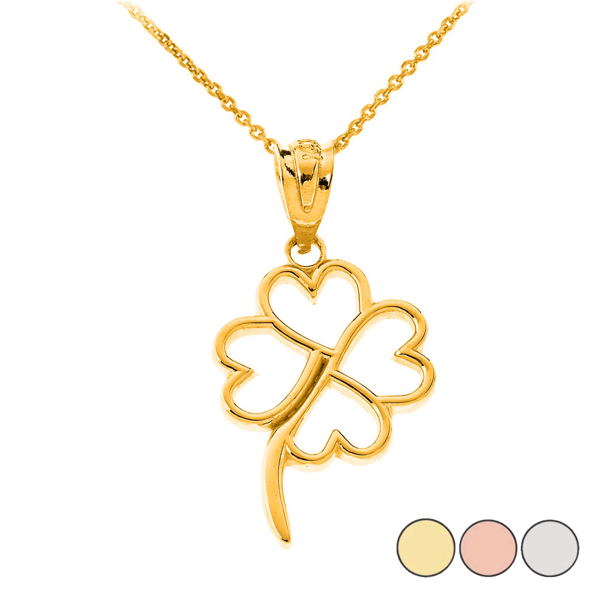 Gold 4 Leaf Clover Heart Lucky Pendant Necklace (Available in Yellow/Rose/White Gold)