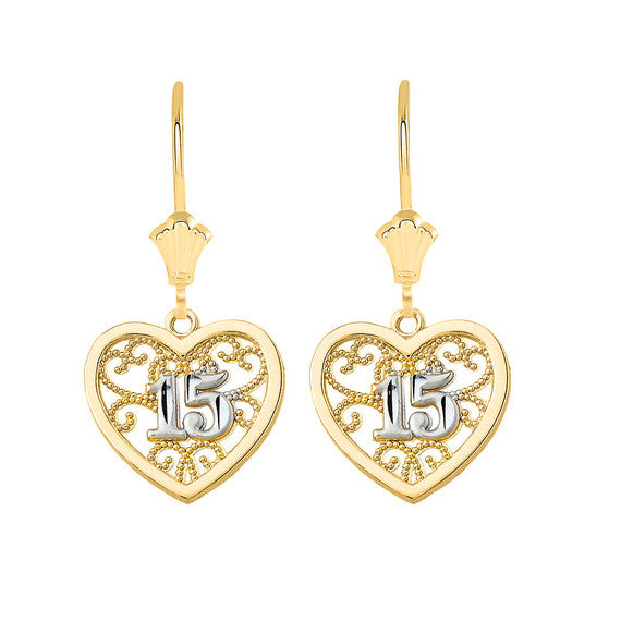 Two-Tone Gold Filigree Heart 15 Años Quinceañera Leverback Earrings (Available in Yellow/Rose/White Gold)
