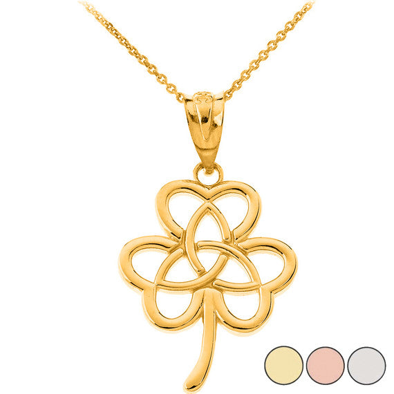 Gold Irish 3 Leaf Clover Celtic Triquetra Trinity Knot Pendant Necklace (Available in Yellow/Rose/White Gold)
