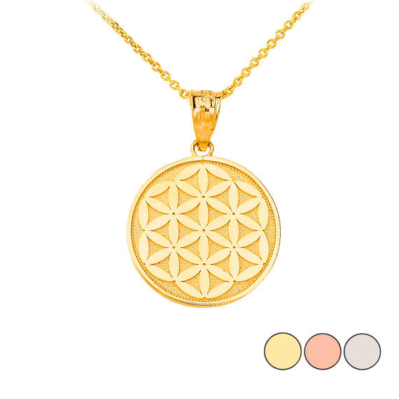Gold Beaded Flower of Life Medallion Pendant Necklace (Available in Yellow/Rose/White Gold)
