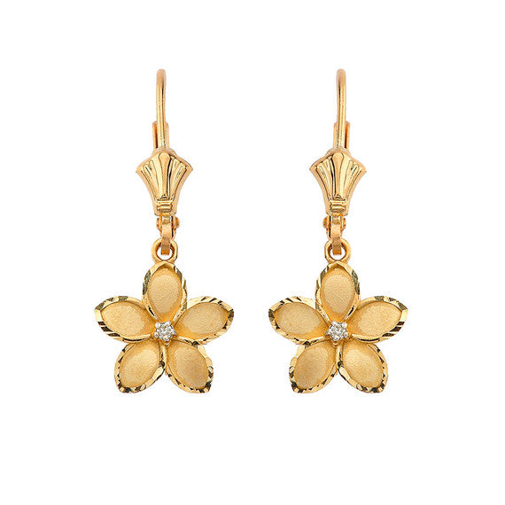 Gold Diamond Hawaiian Plumeria Flower Leverback Earrings (1.04") (Available in Yellow/Rose/White Gold)