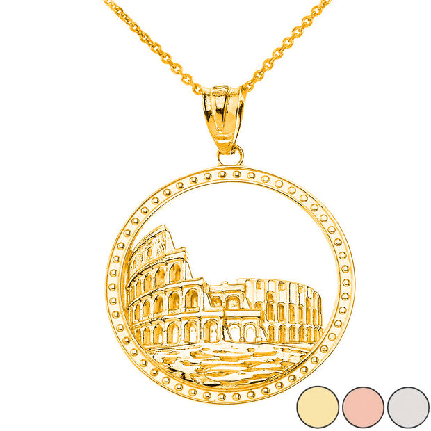 Solid Gold Historic Rome Colosseum Pendant Necklace (Available in Yellow, Rose and White Gold)