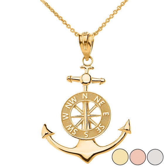 Solid Gold Mariner's Anchor Compass Charm Pendant Necklace (Available in Yellow/Rose/White Gold)