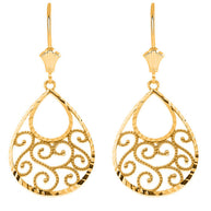 Gold Filigree Teardrop Spiral Leverback Earrings in 14K (Available in Yellow/Rose/White)