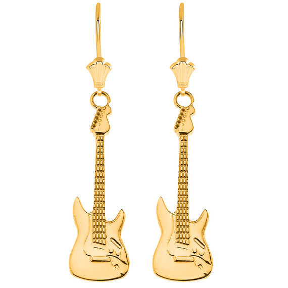 Gold Electric Rockstar Band Guitar Leverback Earrings (Available in Yellow/Rose/White Gold)