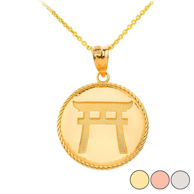 Gold Japanese Torii Shinto Gate Disc Pendant Necklace (Available in Yellow/Rose/White Gold)