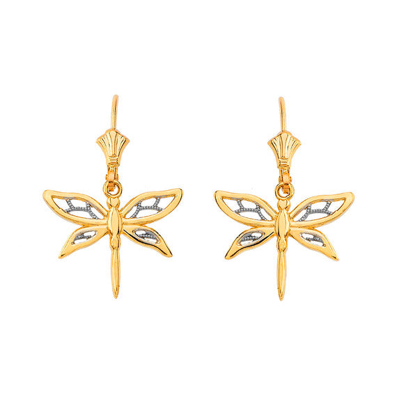 Adorable Dragonfly Two-Tone Leverback Earrings(Available in Yellow/Rose/White Gold)
