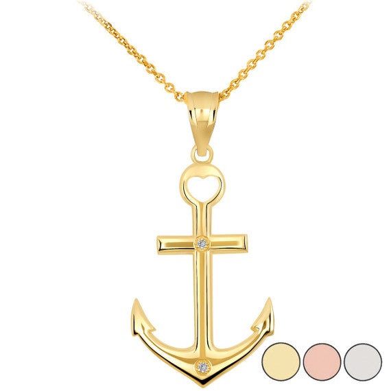 High Polished Sea Anchor Diamond Pendant Necklace in Gold (Available in Yellow/Rose/White Gold)