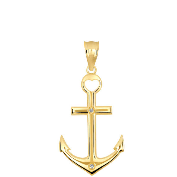 High Polished Sea Anchor Diamond Pendant Necklace in Gold (Available in Yellow/Rose/White Gold)