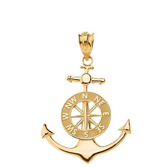 Solid Gold Mariner's Anchor Compass Charm Pendant Necklace (Available in Yellow/Rose/White Gold)