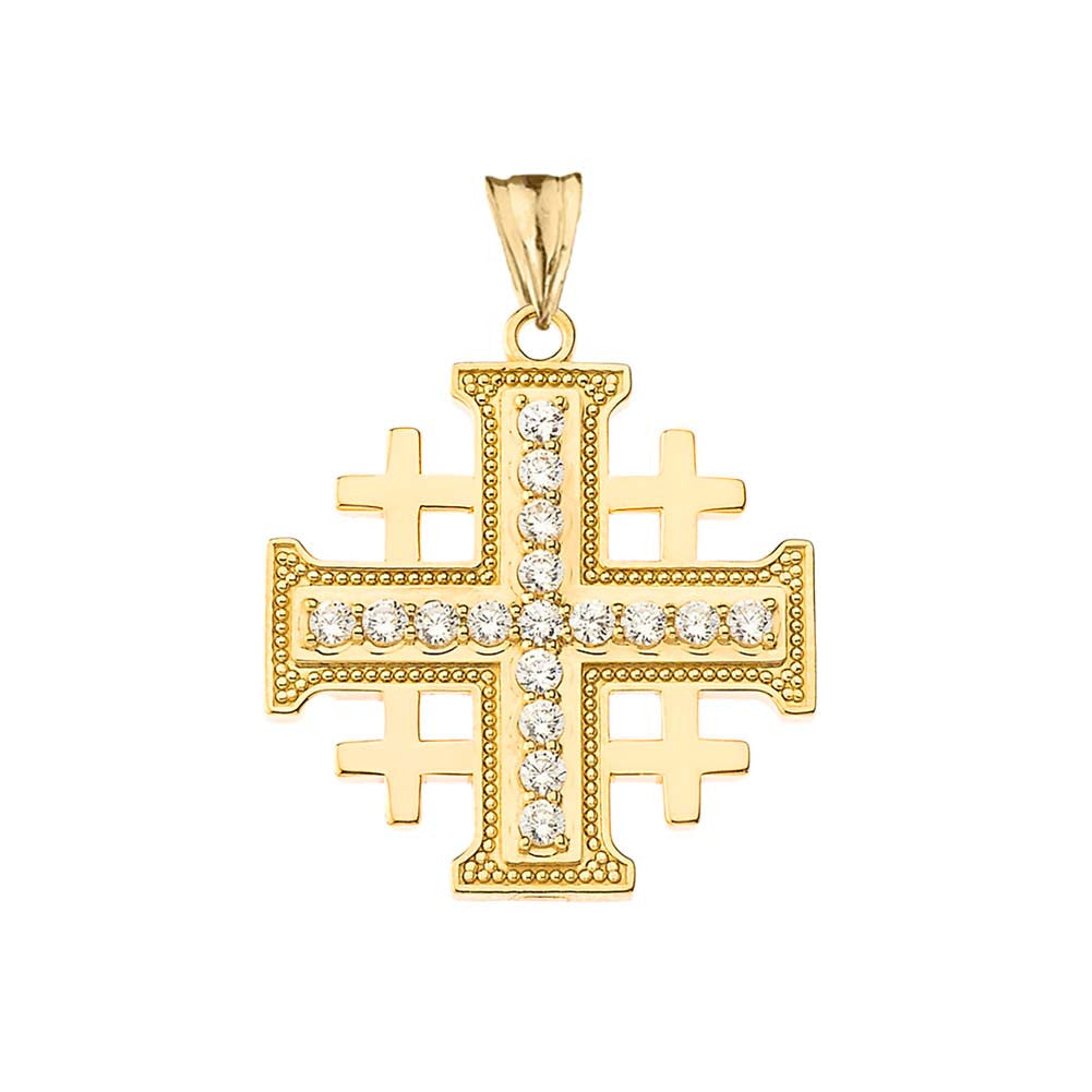 Gold Cubic Zirconia Jerusalem Cross Pendant Necklace (Available in Yellow/Rose/White Gold)