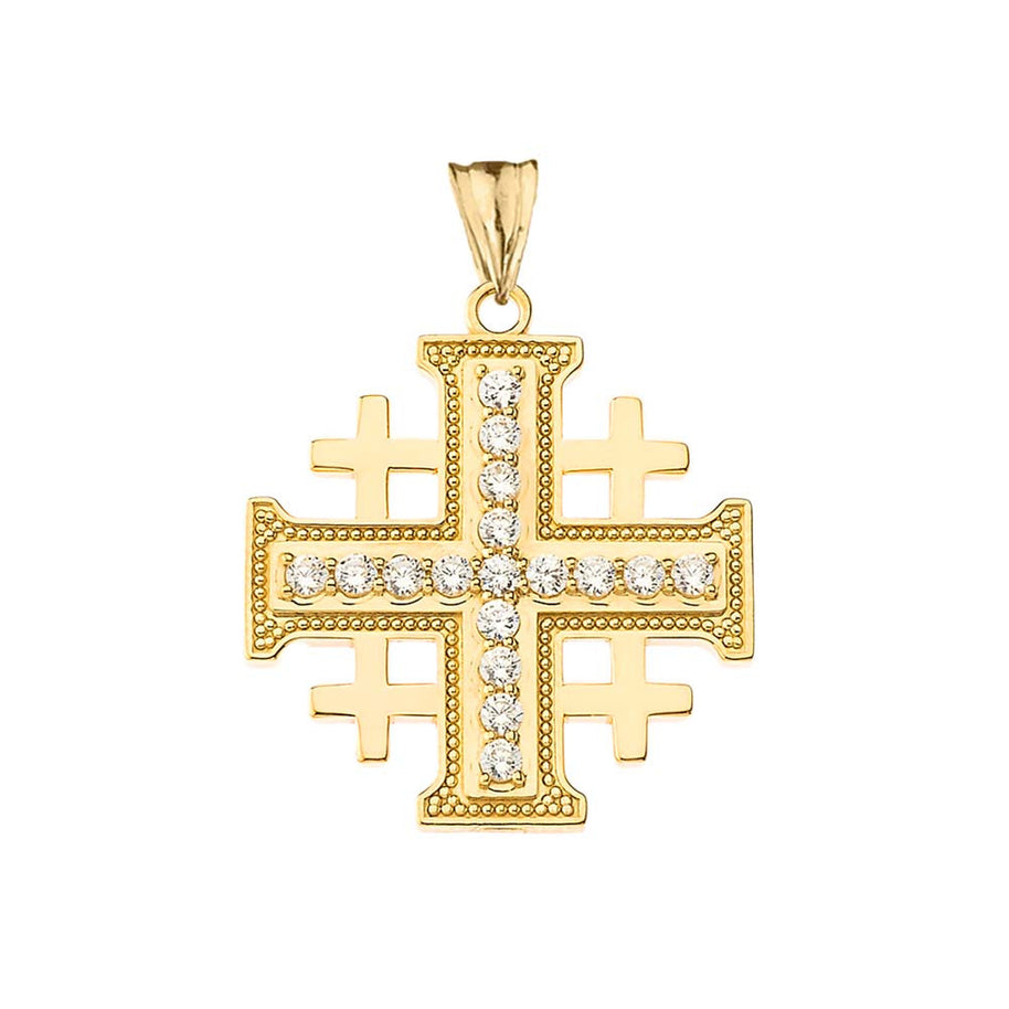 Gold Cubic Zirconia Jerusalem Cross Pendant Necklace (Available in Yellow/Rose/White Gold)