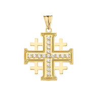 Gold Cubic Zirconia Jerusalem Cross Pendant Necklace (Available in Yellow/Rose/White Gold)