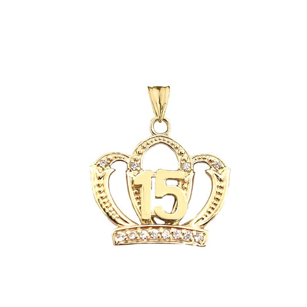 Solid Gold Cubic Zirconia Crown 15 Años Quinceañera Textured Pendant Necklace (Available in Yellow/Rose/White Gold)