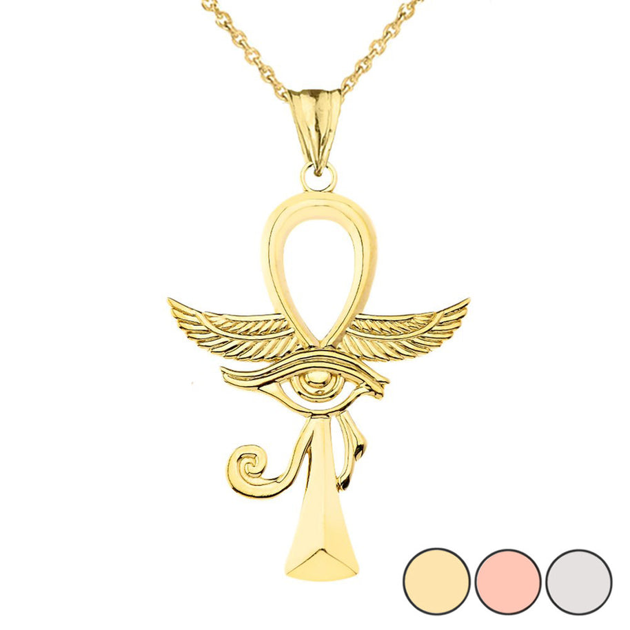 Gold Egyptian Winged Ankh Cross Eye of Horus Pendant Necklace (Available in Yellow/Rose/White Gold)