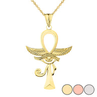 Gold Egyptian Winged Ankh Cross Eye of Horus Pendant Necklace (Available in Yellow/Rose/White Gold)