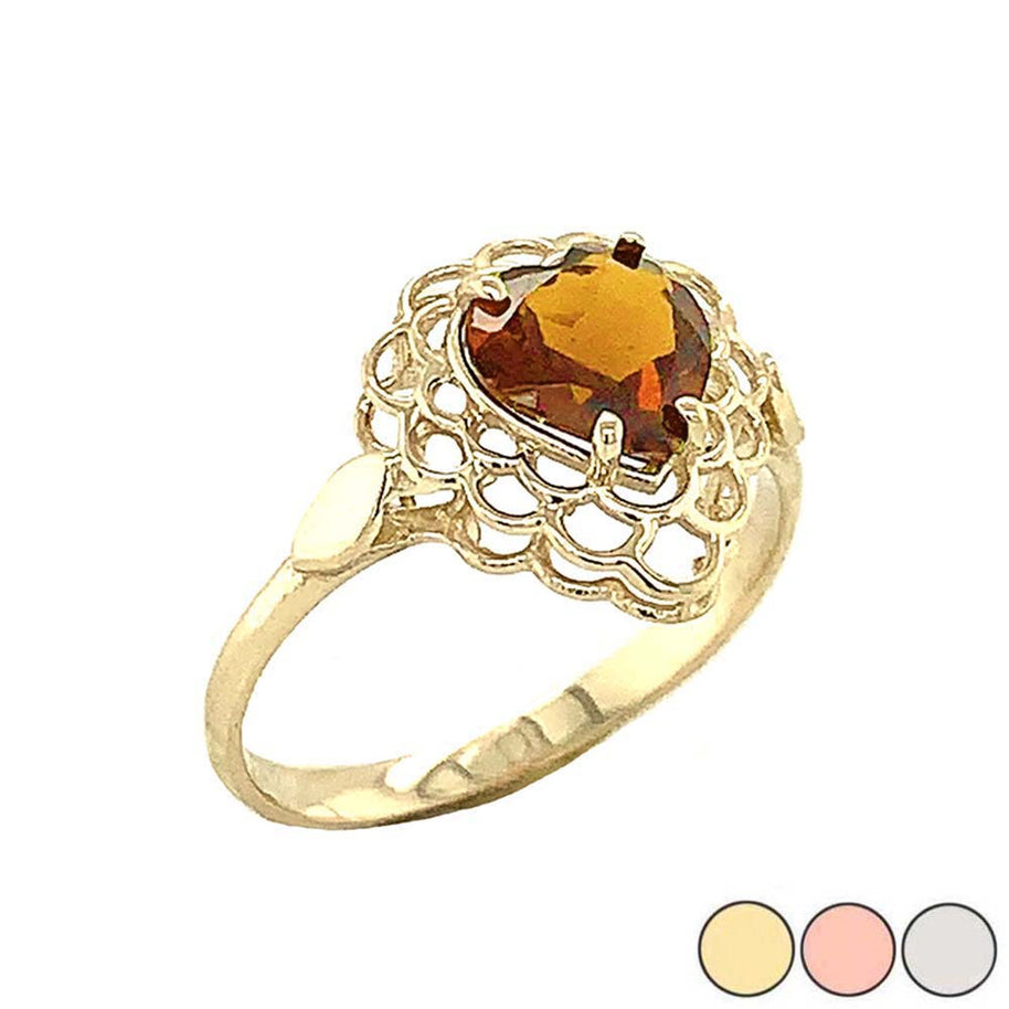 Gold Filigree Heart Cut Genuine Citrine Gemstone Ring (Available in Yellow/Rose/White Gold)