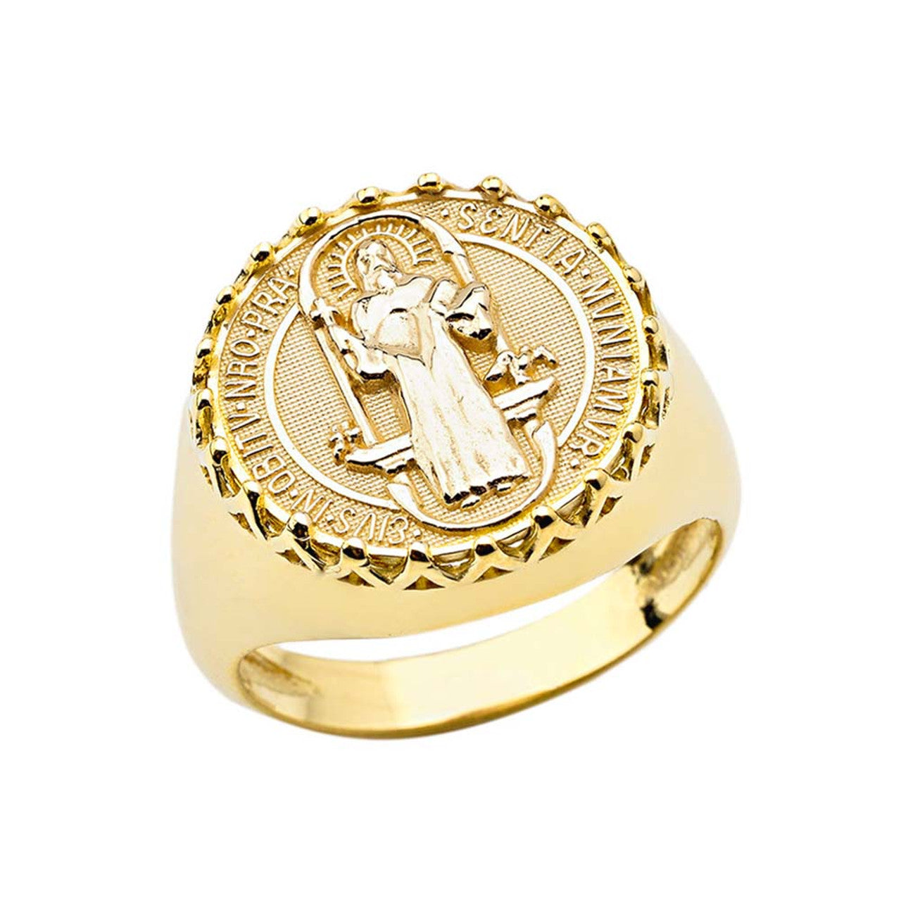 Gold Men's Saint Benedict Ring (Available in Two-Tone/Yellow/Rose/White Gold)
