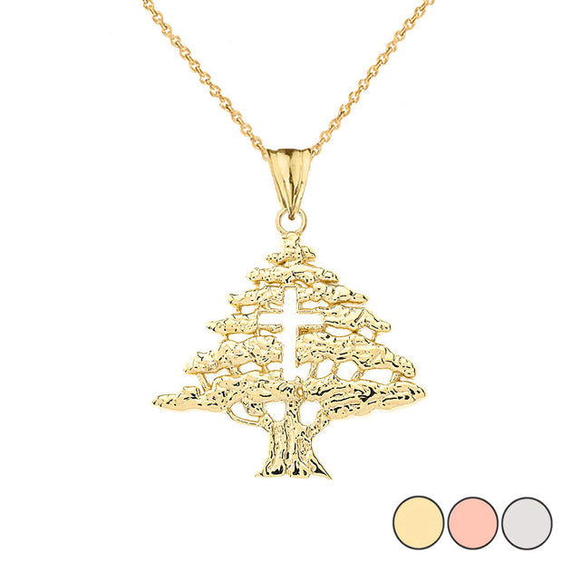 Solid Gold Lebanese Cedar Tree With Cut out Cross Pendant Necklace(Available in Yellow/Rose/White Gold)