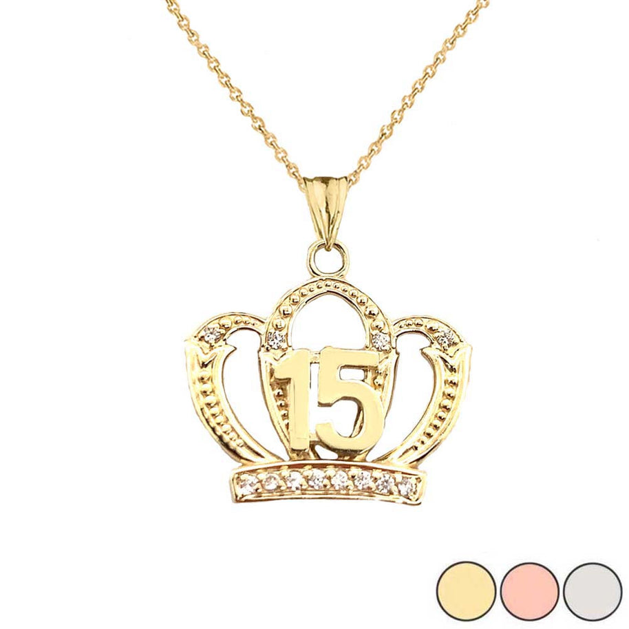 Solid Gold Cubic Zirconia Crown 15 Años Quinceañera Textured Pendant Necklace (Available in Yellow/Rose/White Gold)