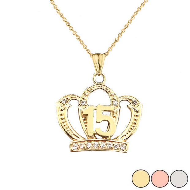 Solid Gold Cubic Zirconia Crown 15 Años Quinceañera Textured Pendant Necklace (Available in Yellow/Rose/White Gold)