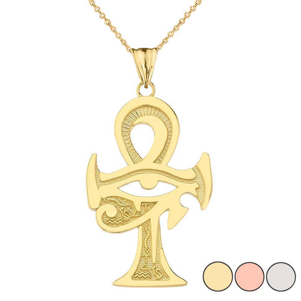 Gold Egyptian Ankh Cross Eye of Horus Pendant Necklace (Available in Yellow/Rose/White Gold)