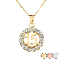 Solid Gold Cubic Zirconia 15 Años Quinceañera Round Pendant Necklace (Available in Yellow/Rose/White Gold)