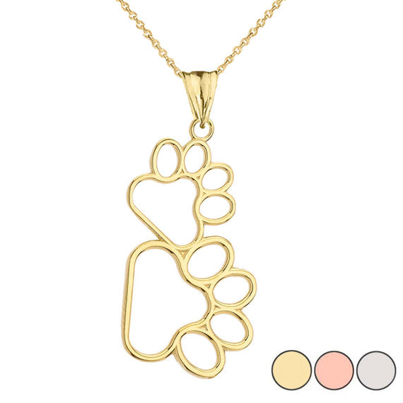 Solid Gold Dog Paw Outline Pendant Necklace (Available in Yellow/Rose/White Gold)