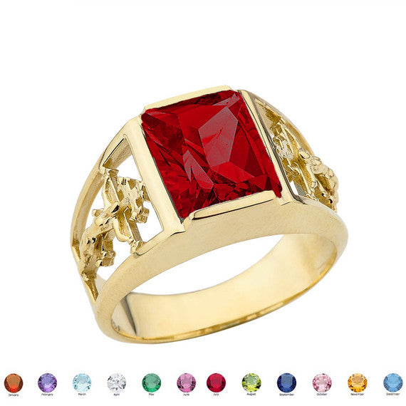 Orthodox Cross Mens Ring With Personalized (LC) Birthstone In 10K Yellow Gold