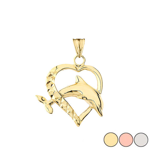 Heart Dolphin Love Pendant Necklace in Gold (Yellow/Rose/White)