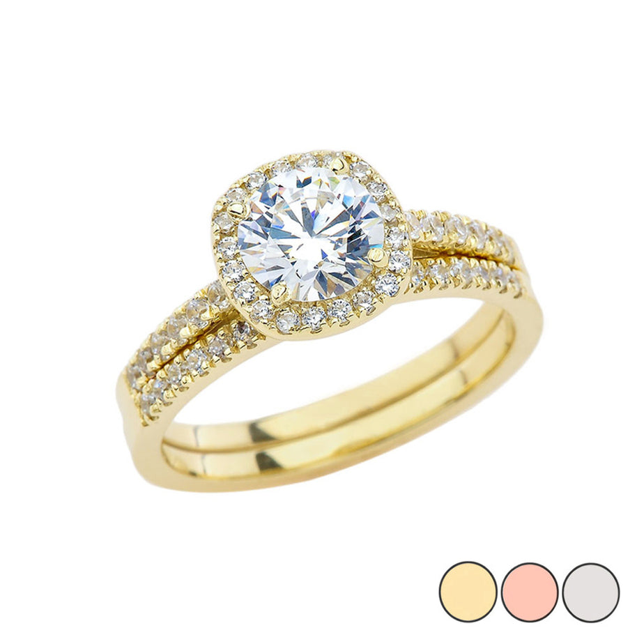 Gold CZ Halo Engagement Band Ring Set (Available in Yellow/Rose/White Gold)