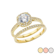 Gold CZ Halo Engagement Band Ring Set (Available in Yellow/Rose/White Gold)