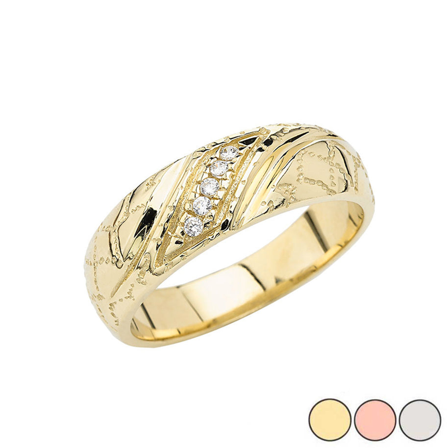 Gold Men's Cubic Zirconia Striped Nugget Wedding Band Ring (Available in Yellow/Rose/White Gold)