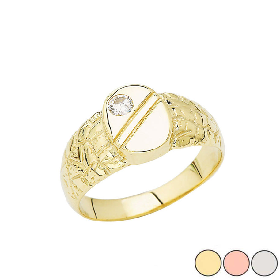 Gold Nugget Cubic Zirconia Striped Oval Signet Ring (Available in Yellow/Rose/White Gold)