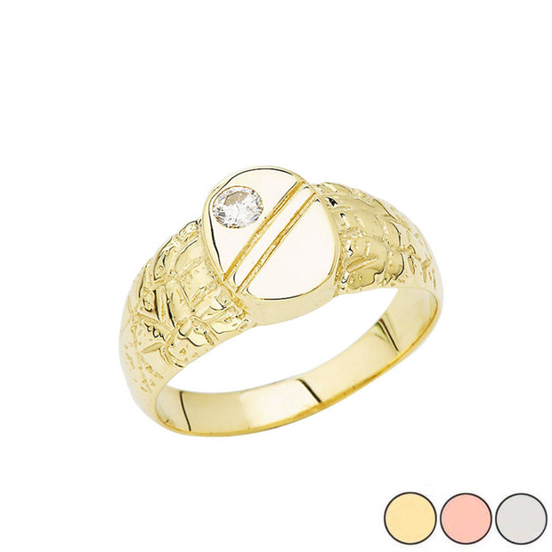 Gold Nugget Cubic Zirconia Striped Oval Signet Ring (Available in Yellow/Rose/White Gold)
