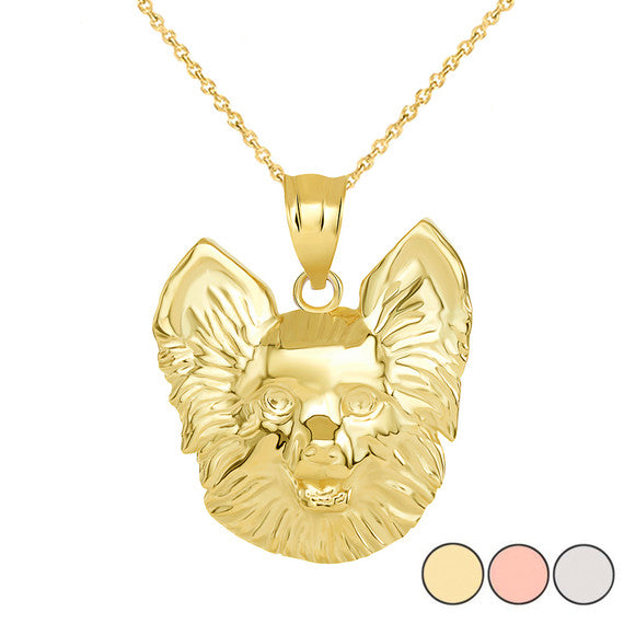 Solid Gold Pomeranian Dog Head Pendant Necklace (Available in Yellow/Rose/White Gold)