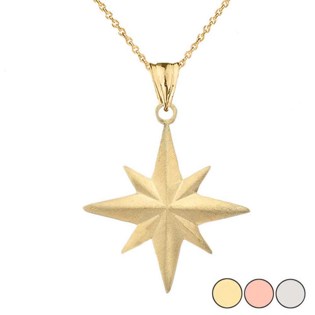 Solid Gold Satin Finish Elegant North Star Pendant Necklace (Available in Yellow/Rose/White Gold)