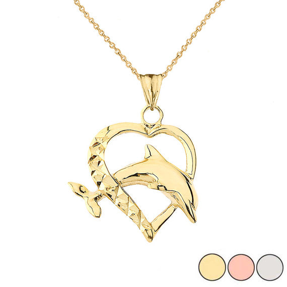 Heart Dolphin Love Pendant Necklace in Gold (Yellow/Rose/White)