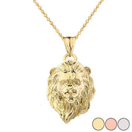 Solid Gold Lion Head Pendant Necklace In (Yellow/Rose/White)