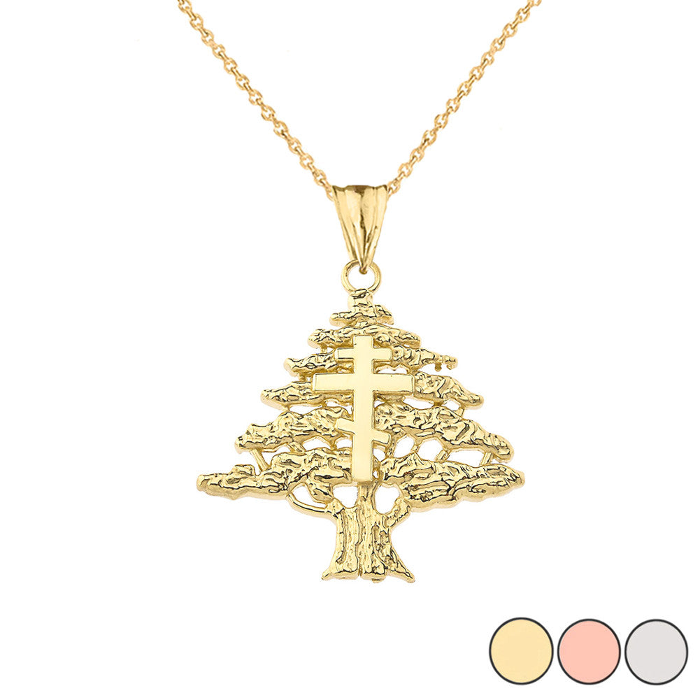 Gold Lebanese Cedar Tree With Orthodox Cross Pendant Necklace (Available in Yellow/Rose/White)