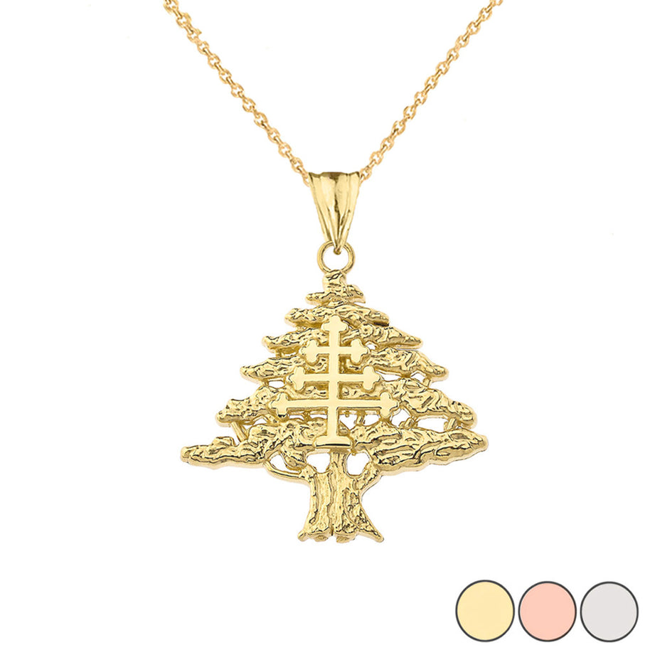 Gold Lebanese Cedar Tree With Maronite Cross Pendant Necklace (Available in Yellow/Rose/White)