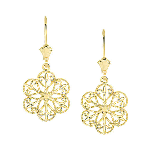 Gold Milgrain Filigree Flower Leverback Earrings (Available in Yellow/Rose/White Gold)