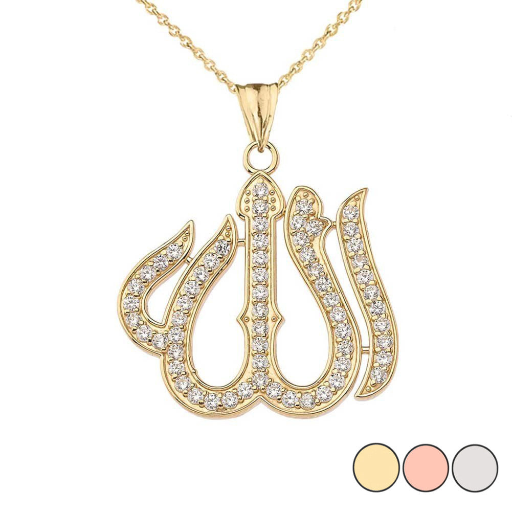 Cubic Zirconia Allah Pendant Necklace in Gold Yellow/Rose/White