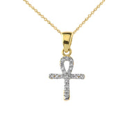 Solid Gold Mini Diamond Ankh Cross Pendant Necklace(Available in Yellow/Rose/White Gold)