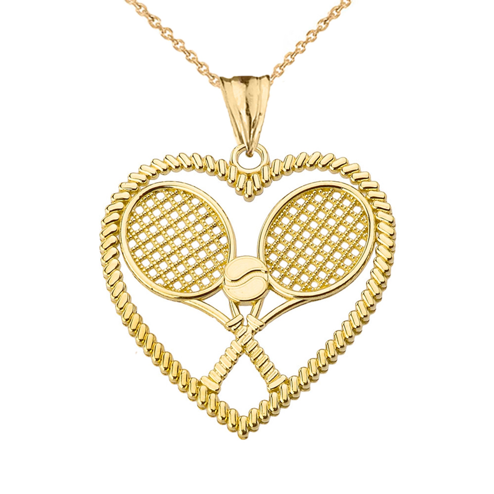 Solid Gold Detailed Tennis Rackets in Heart Pendant Necklace (Available in Yellow/Rose/White Gold)