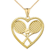 Solid Gold Detailed Tennis Rackets in Heart Pendant Necklace (Available in Yellow/Rose/White Gold)